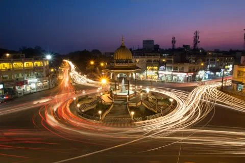 Busy night traffic trails Krishna Raja Circle, Mysore Stock Photos