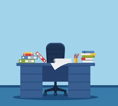 Busy office table. Office interior with books, folders, papers on table. Flat Stock Illustration