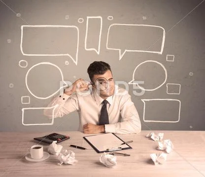 Busy office worker with drawn text bubbles Stock Photos