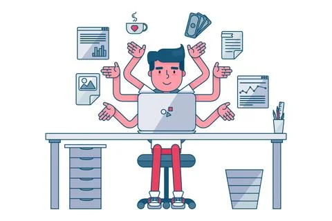 Busy Office Worker Performs Several Tasks Stock Illustration