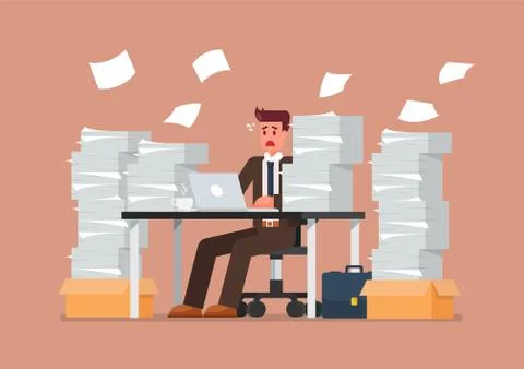 Busy overworked man sitting at table with laptop and pile of papers in office Stock Illustration