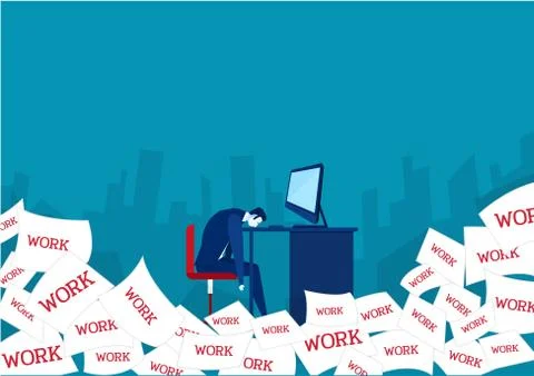 Busy overworked man sleeping at table with laptop and pile of papers on city  Stock Illustration