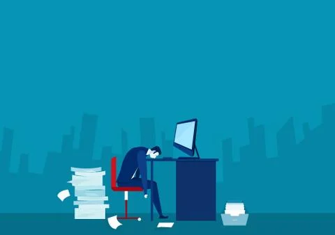 Busy overworked man sleeping at table with laptop and pile of papers on city bac Stock Illustration
