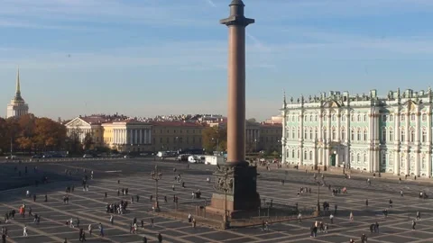 Busy Palace Square with Winter Palace Hermitage Museum and Alexander Column Stock Footage 343209165