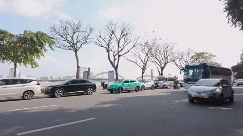 A busy riverside boulevard in Da Nang, Vietnam Stock Footage 330760102
