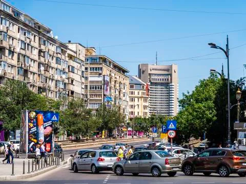 Busy Road Intersection In Downtown Bucharest City Stock Photos