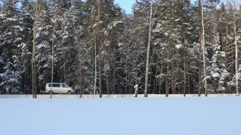 Busy road in a winter forest Stock Footage 148130189