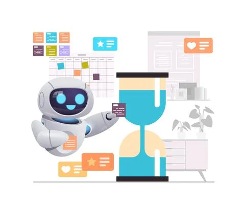 Busy robotic character working or studying on laptop near hourglass deadline Stock Illustration