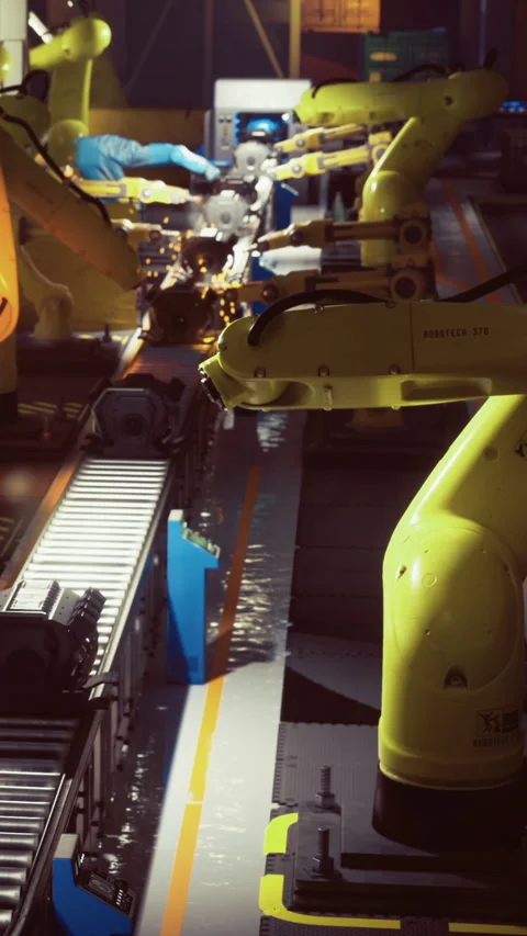 Busy robots work together in a high tech assembly line during night shift Stock Footage 341405766