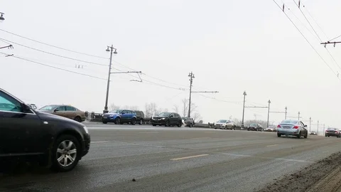 Busy Russian Road in Winter Stock Footage 76389286