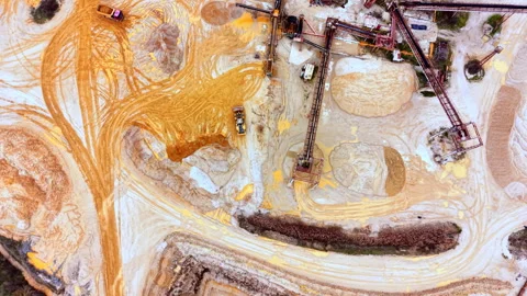 Busy sand quarry processing yard from above, Bulgaria Stock Footage 341761199