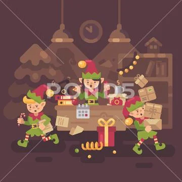 Busy Santa Claus office. Elf workers carrying presents and letters and answer Stock Illustration