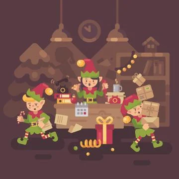 Busy Santa Claus office. Elf workers carrying presents and letters and answer Stock Illustration