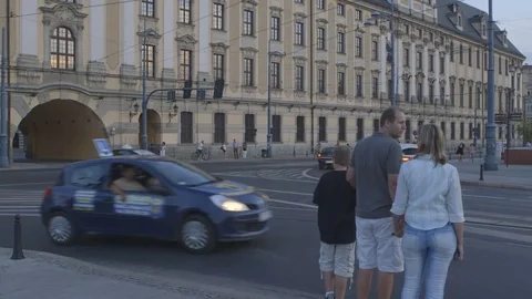 Busy Street Crossing in Wroclaw, Poland Stock Footage