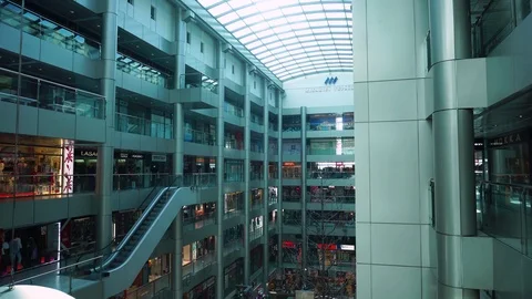 Busy time lapse crowd in modern architecture futuristic interior design large Stock Footage 97125159