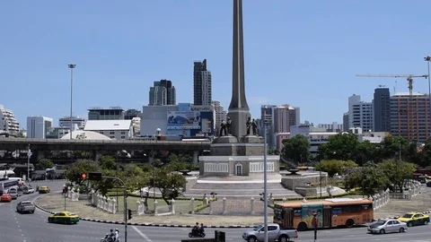Busy Traffic and Sky Train Around Famous Victory Monument Statue 2 Video stock 89844186