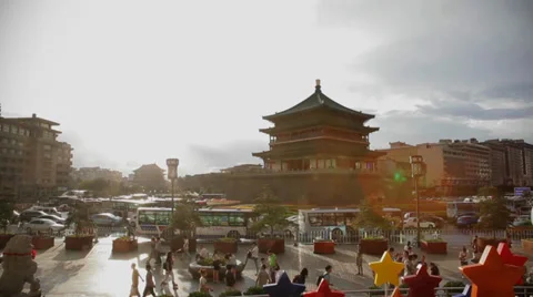 Busy traffic around Bell Tower at sunset/xi'an,shaanxi,China Stock Footage 37125910