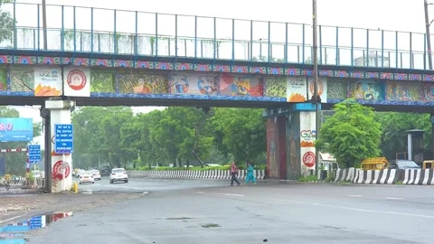 Busy Traffic Flow on Iconic Bridge in Delhi Stock Footage 320385564