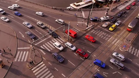 Busy Traffic Intersection in Prague from above Stock Footage 82707677