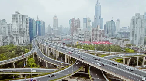 Busy traffic over overpass in modern city , Shanghai, China Stock Footage 39672469