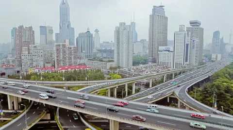 Busy traffic over overpass in modern city , Shanghai, China Stock Footage 39675222