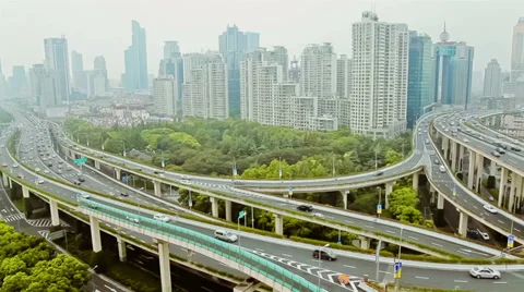 Busy traffic over overpass in modern city , Shanghai, China Stock Footage 39679518