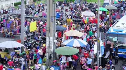 Busy traffic rush hours with thousands of workers walk out port company Stock Footage 146941803