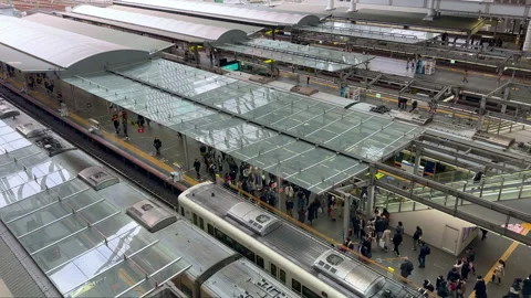 Busy train station with many commuters arriving and departing Stock Footage 250498727