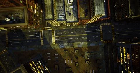 Busy urban intersection viewed from above during evening rush hour Illustrazione stock