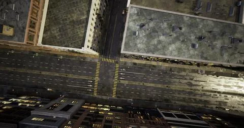 Busy urban intersection viewed from above during evening hours Illustrazione stock