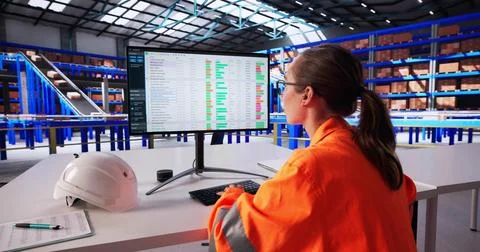 Busy Warehouse Manager Analyzing Inventory Data On Office Computer Screen. Stock Photos