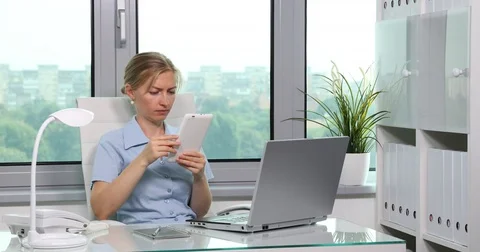 Busy Woman Manager Analyzing Data Digital Tablet Browsing Marketing Office Desk Stock Footage 72788940
