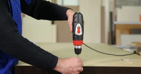 Busy Woodworker Man Work Using Electric Power Device Drilling Carpentry Concept Stock Footage 87943622