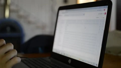 Busy worker scroll e-mail on his laptop. laptop e mail communication Stock-Footage 196695481