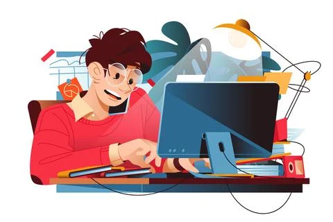 Busy worker sits at desk with computer Stock Illustration