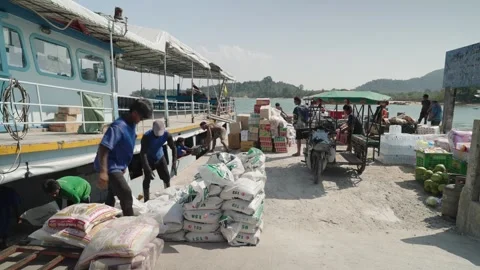 Busy Workers Load Supplies at Ranong Pier on a Sunny Day Stock Footage 325717584