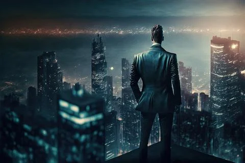 Busy Young Businessman Looking At Big Futuristic City Seeking New Opportunities Stock Illustration