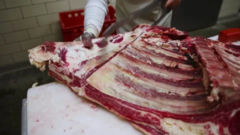 Butcher carving dry aged beef in short chuck ribs Stock Footage 152034914