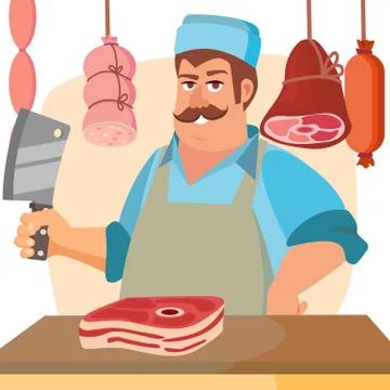 Butcher Character Vector. Classic Professional Butcher Man With Knife. For Steak Stock Illustration