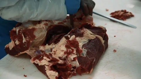 The butcher cut up the carcass. Close up. Stock Footage 87137628