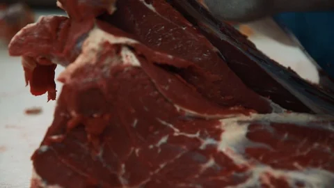 The butcher cut up the carcass. Close up. Vídeos de archivo 87137647