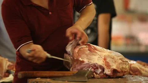 Butcher cut up the carcass Stock Footage 44300712