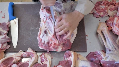 Butcher cut sheep meat. Make a sacrifice of a sheep on Kurban bayram. Stock Footage 124943885
