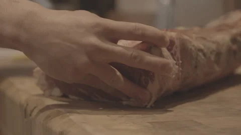 Butcher Cutting Raw Meat in Handheld Close-Up Inside Butcher Shop Stock-Footage 323741301