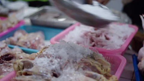 The butcher distributes ice to the trays containing chicken meat already cut and Vídeo Stock 276876695