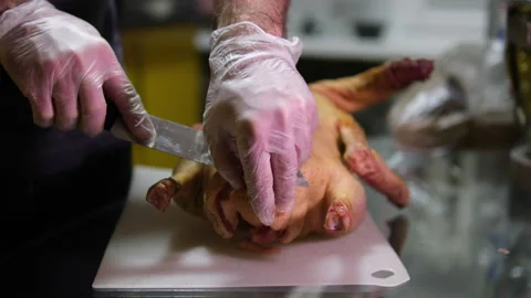 Butcher a goose process of cutting up a goose Step by step getting the liver and Stock Footage 302673216
