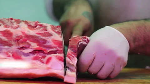 Butcher Hands Cutting Raw Red Meat, Close-Up, Sharp Knife - 4K Stock Footage 332243286