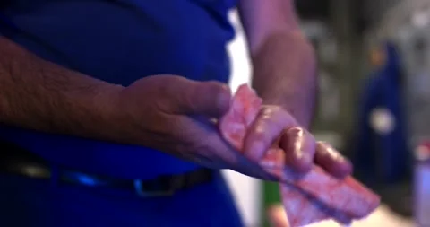 Butcher Hands Forming Fresh Raw Meat On Work Table, Close Up Shot Stock Footage 340326025