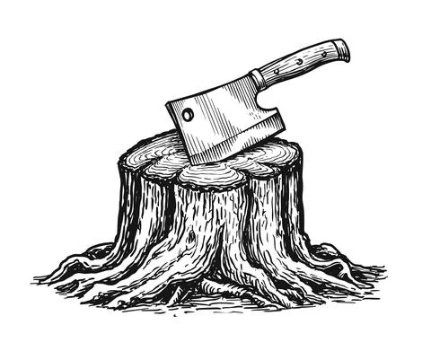 Butcher knife in tree stump. Kitchen cleaver sketch in vintage engraving style Stock Illustration