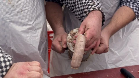 Butcher making white pudding sausages Stock-Footage 86194545
